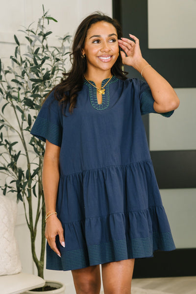 Boot Scootin' Boogie Tiered Dress in Navy