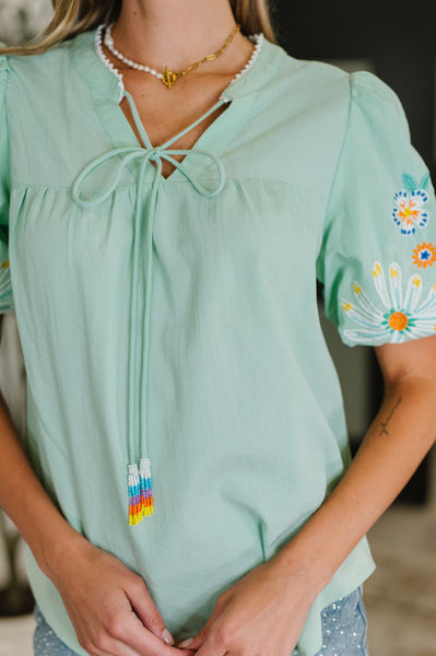 PREORDER: Embroidered Puff Sleeve V-Neck Blouse in Aqua