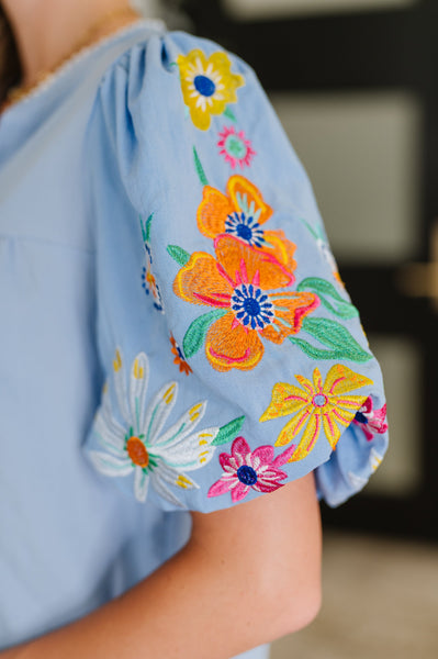 PREORDER: Embroidered Puff Sleeve V-Neck Blouse in Light Blue