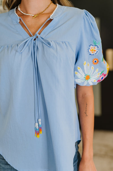 PREORDER: Embroidered Puff Sleeve V-Neck Blouse in Light Blue