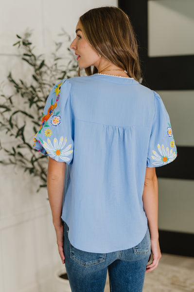 PREORDER: Embroidered Puff Sleeve V-Neck Blouse in Light Blue