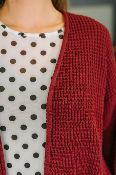 Everything Layer Waffle Knit Open Front Cardigan in Cabernet