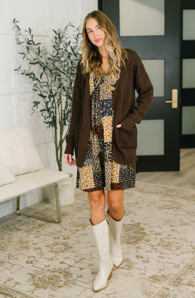 Everything Layer Waffle Knit Open Front Cardigan in Chocolate