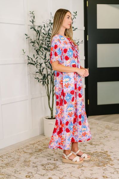 PREORDER: Half Sleeve Poplin Woven Dress in Pink and Blue Floral