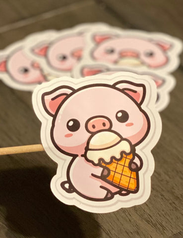 Pig with Ice Cream Die Cut Sticker