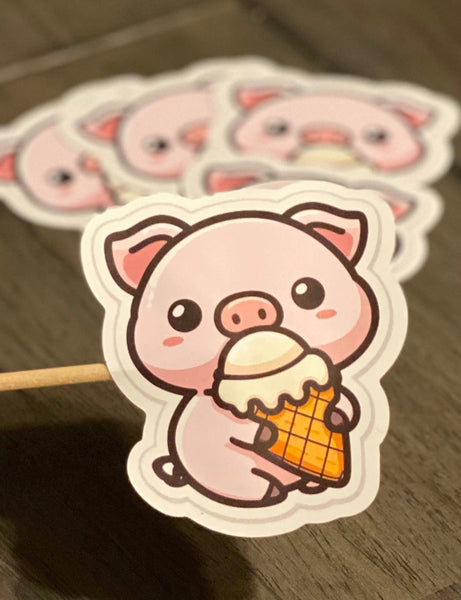 Pig with Ice Cream Die Cut Sticker