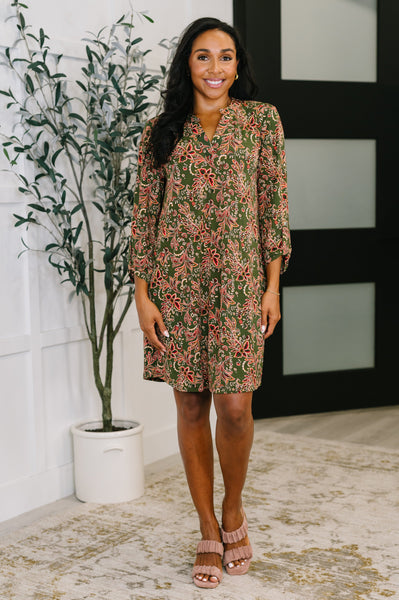 Lizzy Long Sleeve Dress in Olive Paisley