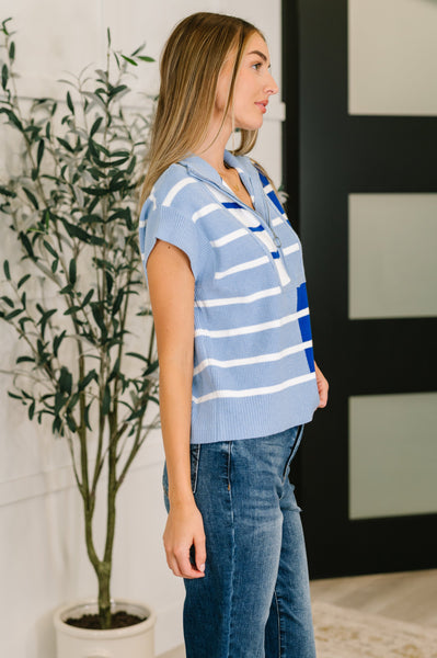 Lonely Traveler Striped Quarter Zip Vest in Blue