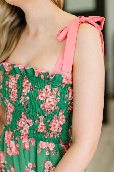 Low Effort, High Impact Tiered Dress in Green/Coral