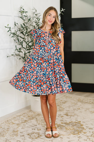 Petal to the Metal Flutter Sleeve Dress in Navy/Coral