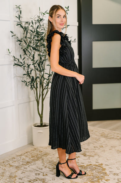 Pinstripe Romance V-Neck Ruffle Sleeve Dress in Black