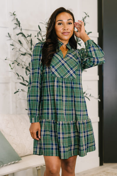Plaid Perspective Split Neck Long Sleeve Dress