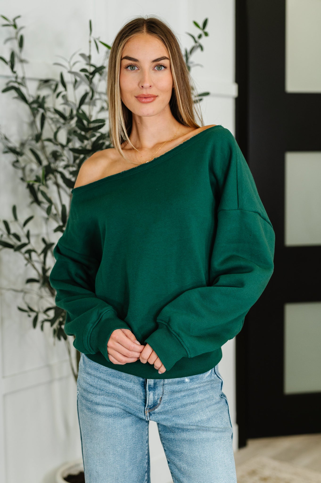 Side Hustle Off Shoulder Long Sleeve Top in  Hunter Green