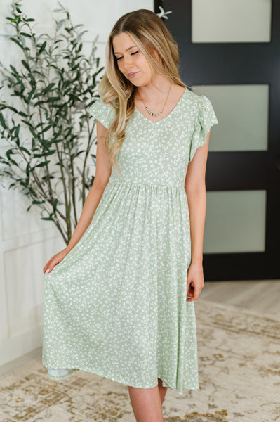 Twirl Me Softly Flutter Sleeve Dress in Sage