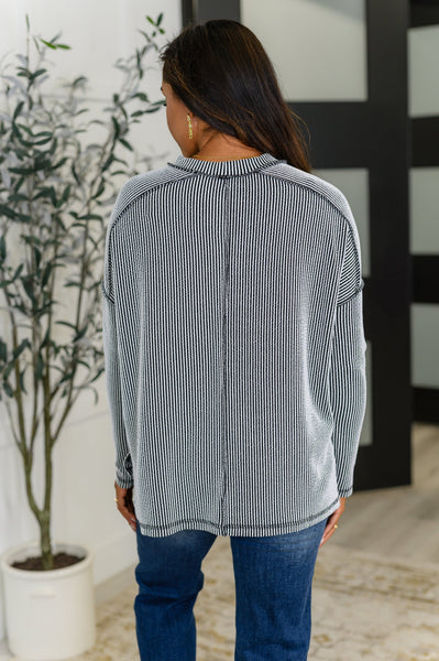 Wander & Rest Cable Ribbed Knit Drop Shoulder Top in Black/White
