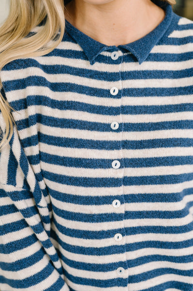 Won't Be Long Collared Sweater Button Down in Navy